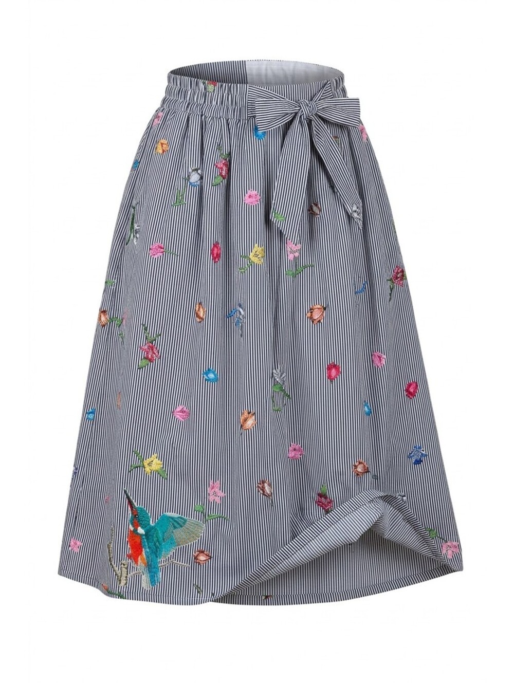 Reworked Striped Floral Midi Skirt Embroidered Hummingbird Cottagecore OOAK M